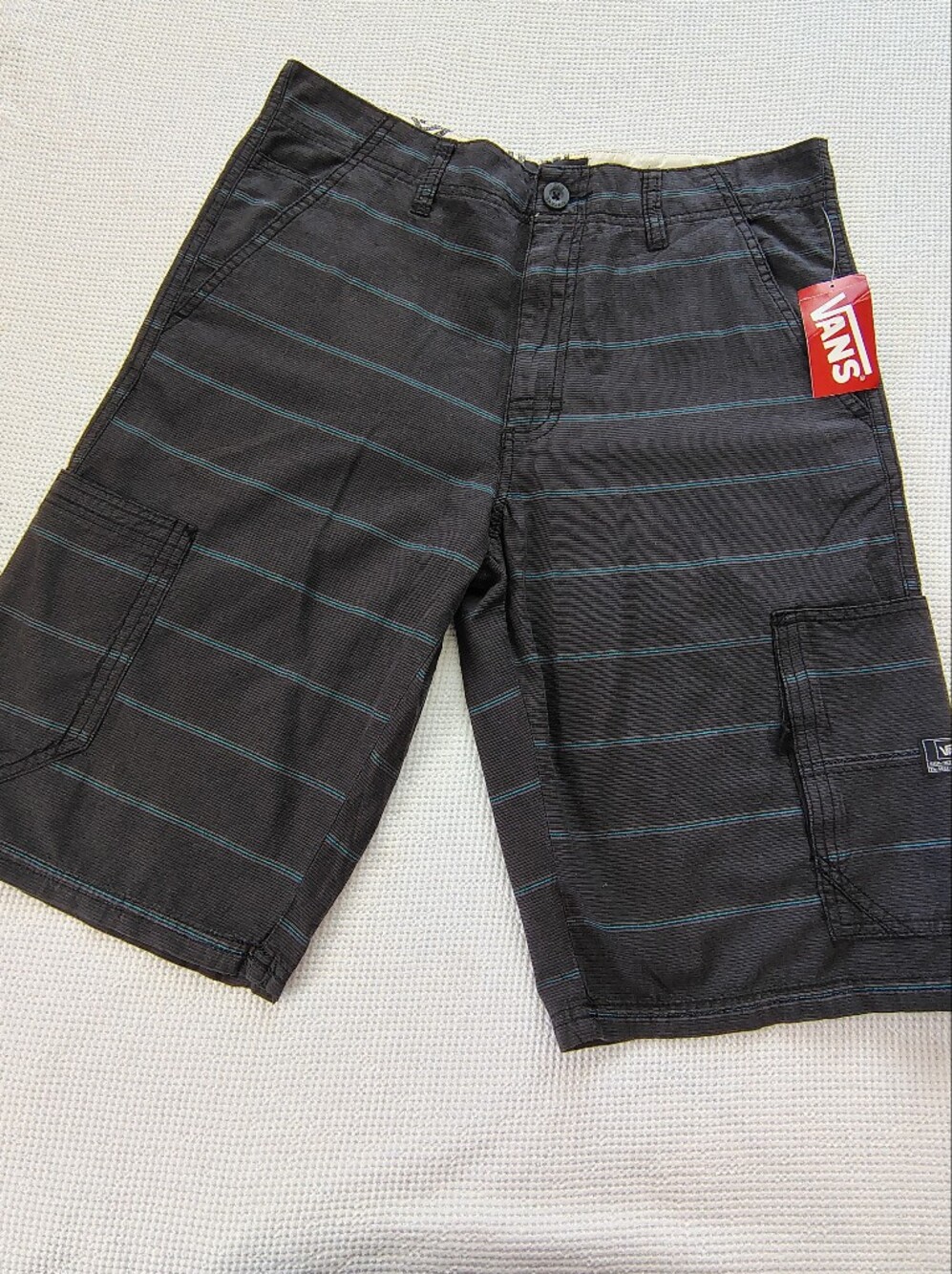 Vans Black Pinstripe Board Shorts with Blue Stripe
